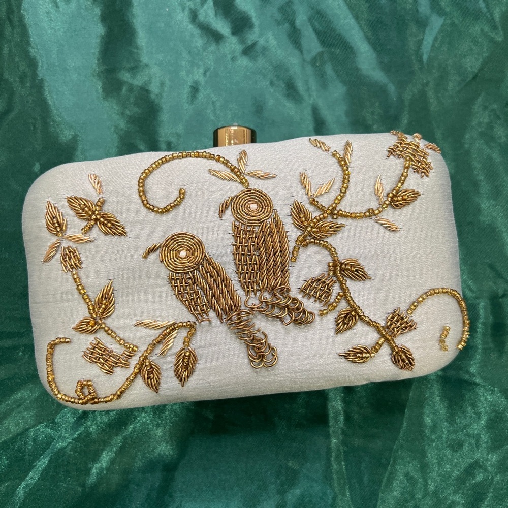 Evening clutch purse gold medal thread work nature custom design cocktail party